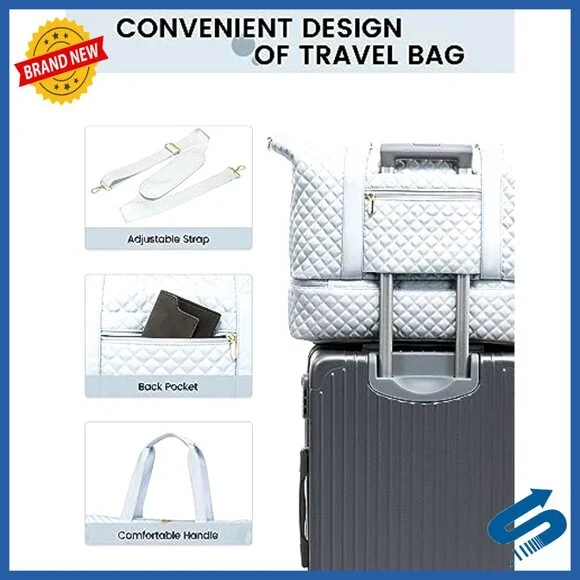 Spacious Travel Duffel Bag with Shoe Compartment, Makeup Bag, Crossbody Bag